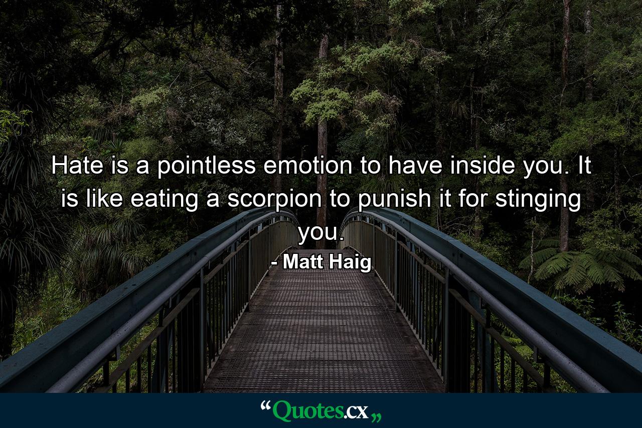 Hate is a pointless emotion to have inside you. It is like eating a scorpion to punish it for stinging you. - Quote by Matt Haig