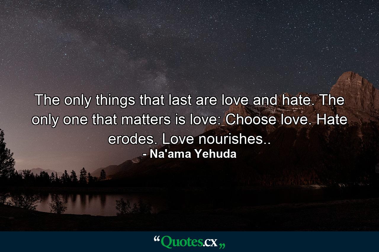 The only things that last are love and hate. The only one that matters is love: Choose love. Hate erodes. Love nourishes.. - Quote by Na'ama Yehuda