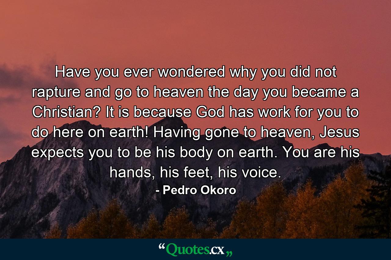 Have you ever wondered why you did not rapture and go to heaven the day you became a Christian? It is because God has work for you to do here on earth! Having gone to heaven, Jesus expects you to be his body on earth. You are his hands, his feet, his voice. - Quote by Pedro Okoro