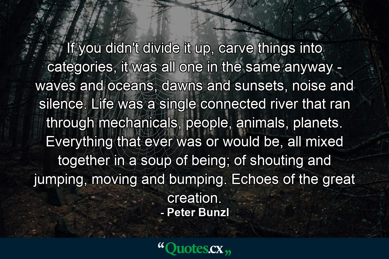 If you didn't divide it up, carve things into categories, it was all one in the same anyway - waves and oceans, dawns and sunsets, noise and silence. Life was a single connected river that ran through mechanicals, people, animals, planets. Everything that ever was or would be, all mixed together in a soup of being; of shouting and jumping, moving and bumping. Echoes of the great creation. - Quote by Peter Bunzl