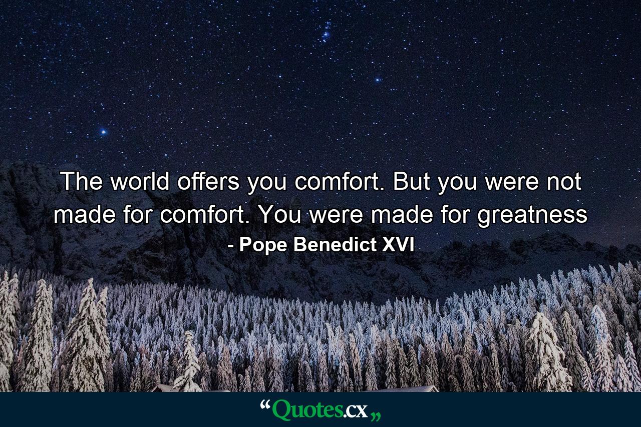 The world offers you comfort. But you were not made for comfort. You were made for greatness - Quote by Pope Benedict XVI