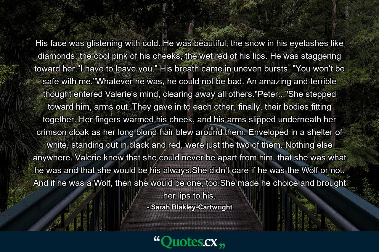 His face was glistening with cold. He was beautiful, the snow in his eyelashes like diamonds, the cool pink of his cheeks, the wet red of his lips. He was staggering toward her.