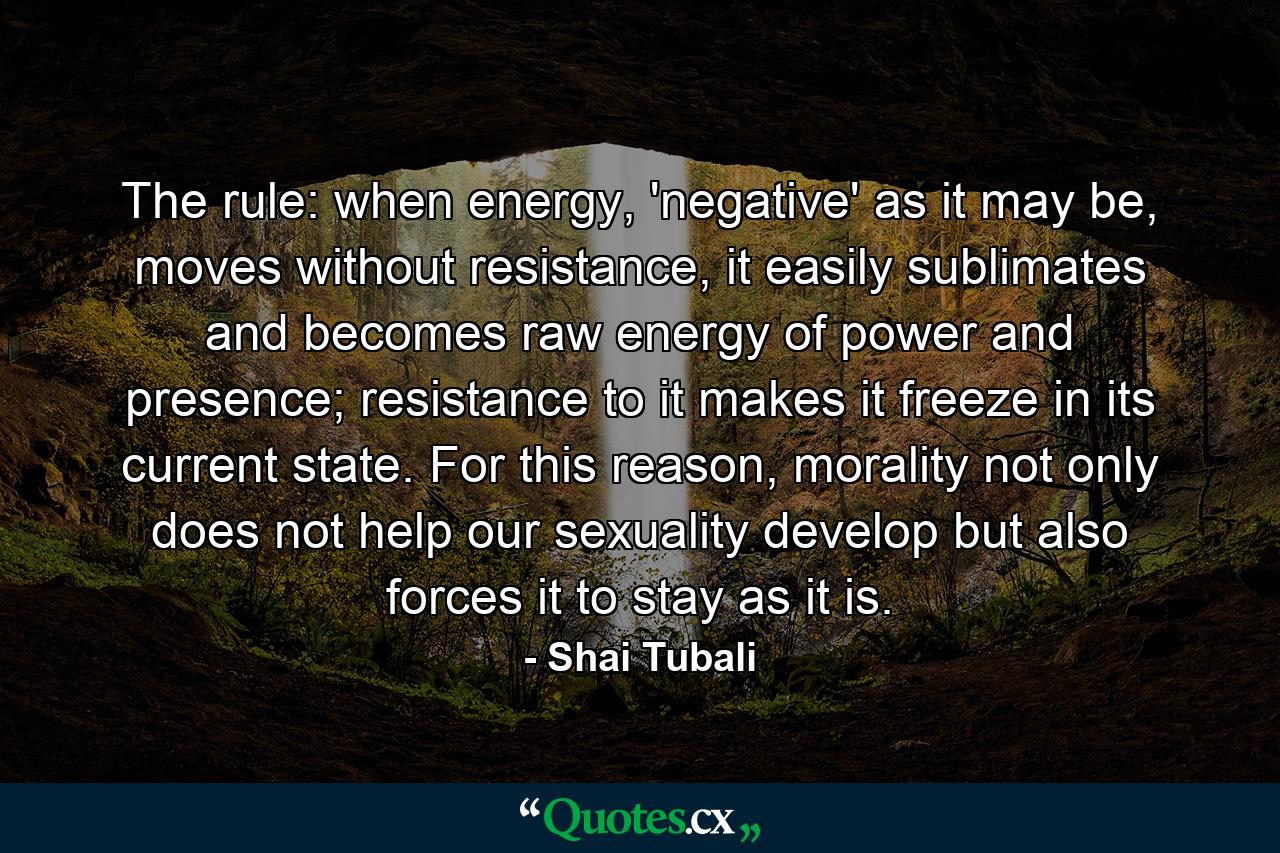 The rule: when energy, 'negative' as it may be, moves without resistance, it easily sublimates and becomes raw energy of power and presence; resistance to it makes it freeze in its current state. For this reason, morality not only does not help our sexuality develop but also forces it to stay as it is. - Quote by Shai Tubali