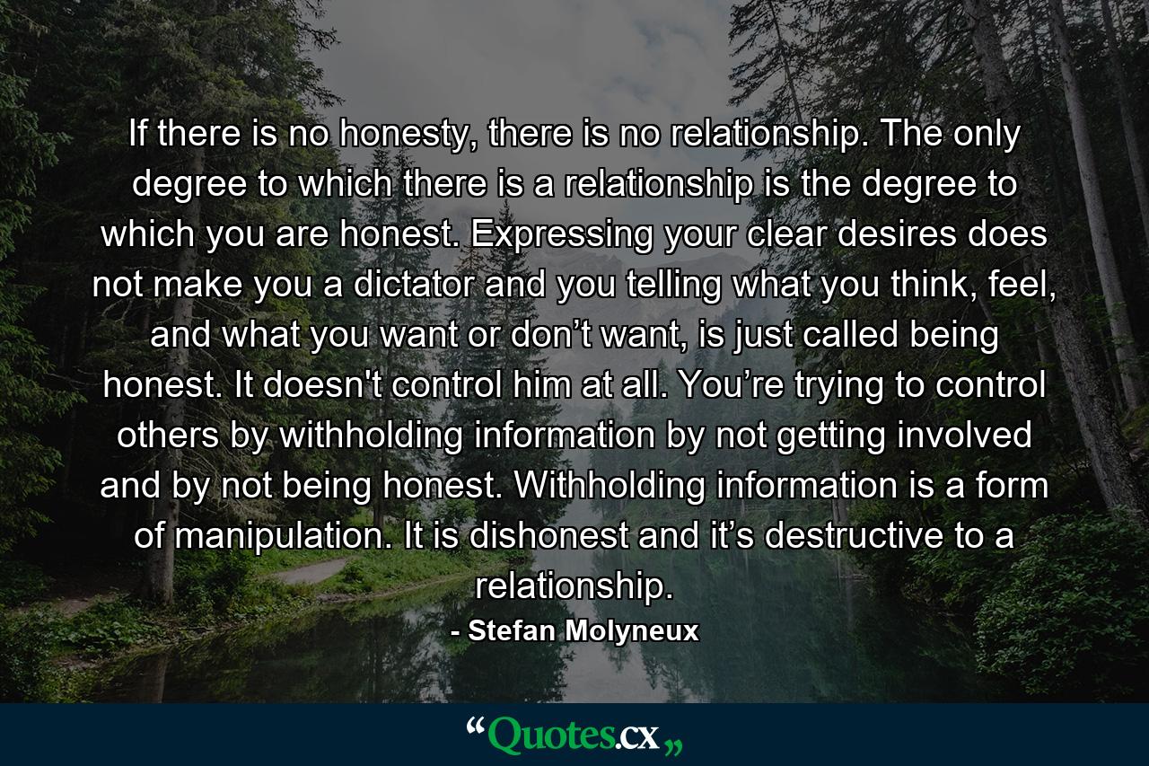 If there is no honesty, there is no relationship. The only degree to which there is a relationship is the degree to which you are honest. Expressing your clear desires does not make you a dictator and you telling what you think, feel, and what you want or don’t want, is just called being honest. It doesn't control him at all. You’re trying to control others by withholding information by not getting involved and by not being honest. Withholding information is a form of manipulation. It is dishonest and it’s destructive to a relationship. - Quote by Stefan Molyneux