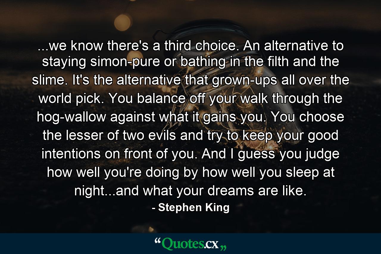 ...we know there's a third choice. An alternative to staying simon-pure or bathing in the filth and the slime. It's the alternative that grown-ups all over the world pick. You balance off your walk through the hog-wallow against what it gains you. You choose the lesser of two evils and try to keep your good intentions on front of you. And I guess you judge how well you're doing by how well you sleep at night...and what your dreams are like. - Quote by Stephen King