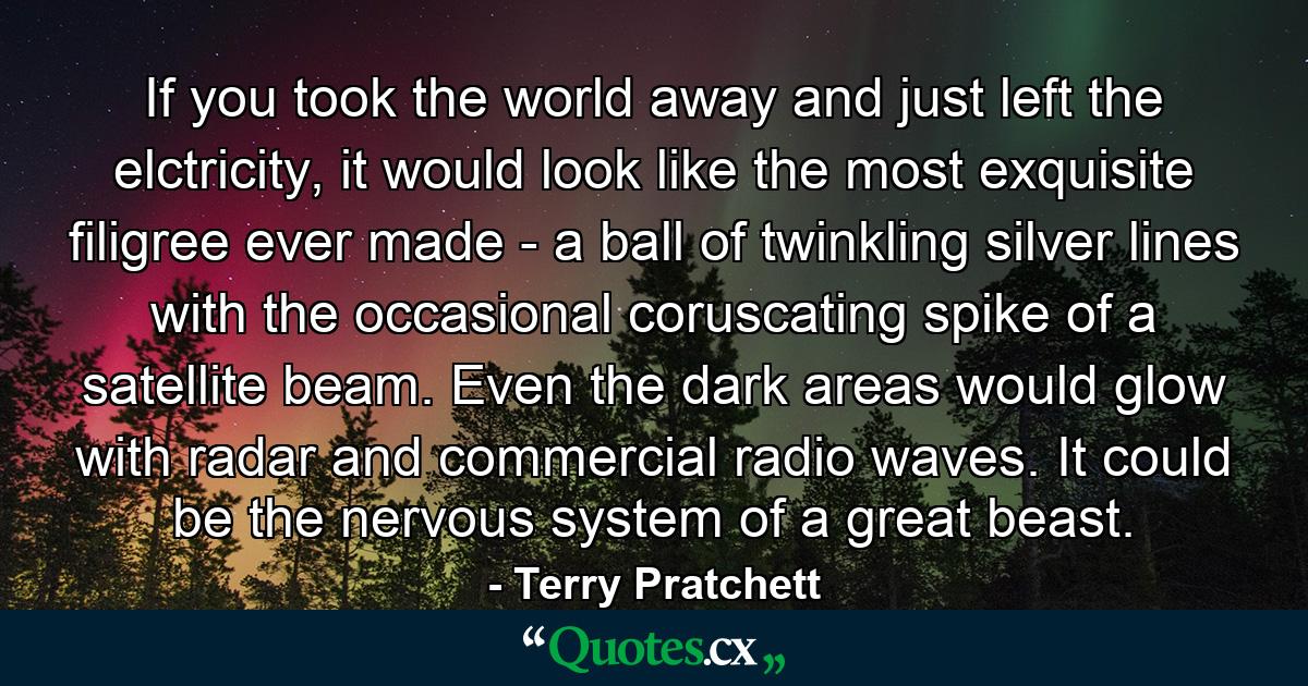 If you took the world away and just left the elctricity, it would look like the most exquisite filigree ever made - a ball of twinkling silver lines with the occasional coruscating spike of a satellite beam. Even the dark areas would glow with radar and commercial radio waves. It could be the nervous system of a great beast. - Quote by Terry Pratchett