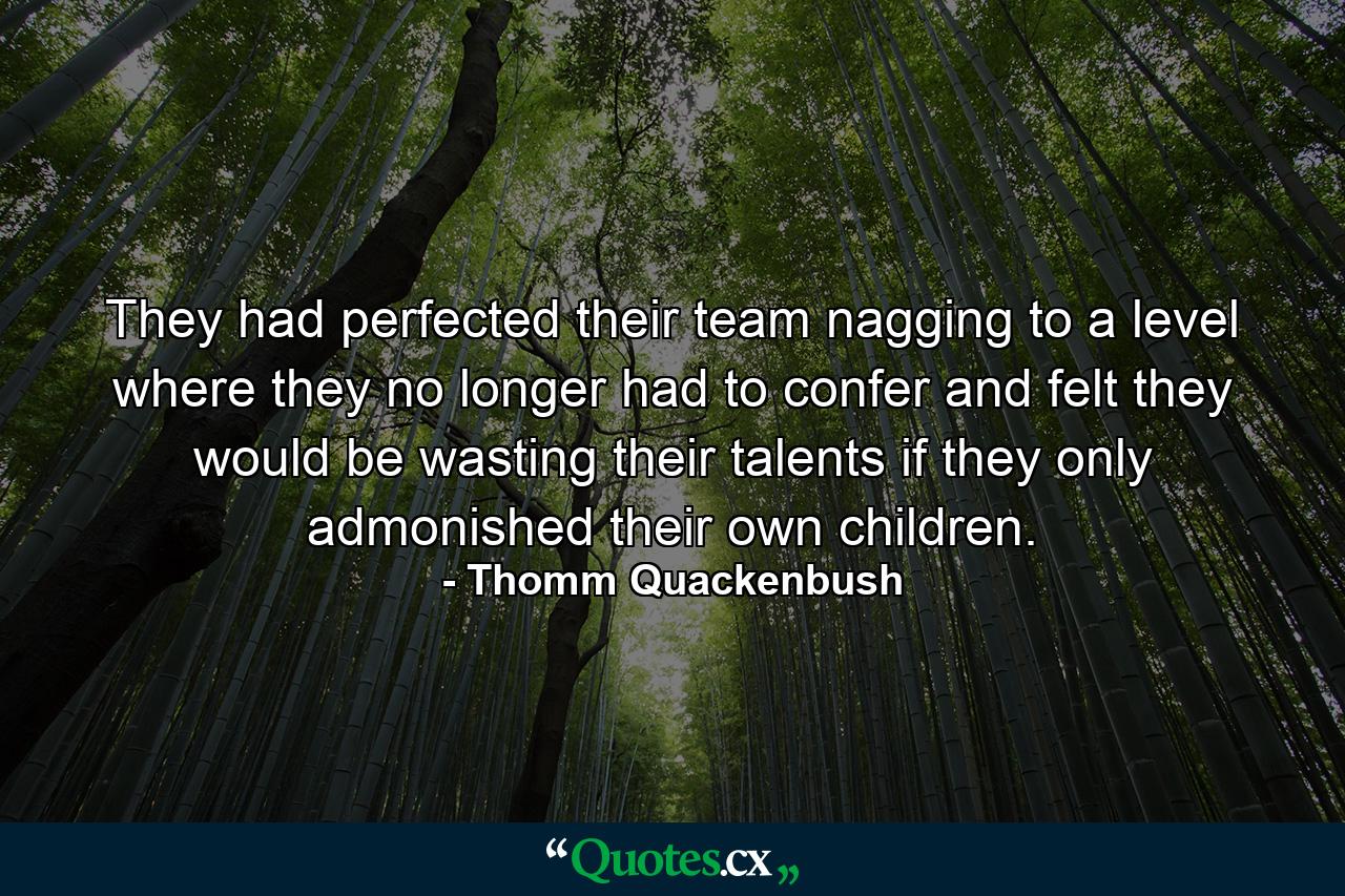 They had perfected their team nagging to a level where they no longer had to confer and felt they would be wasting their talents if they only admonished their own children. - Quote by Thomm Quackenbush