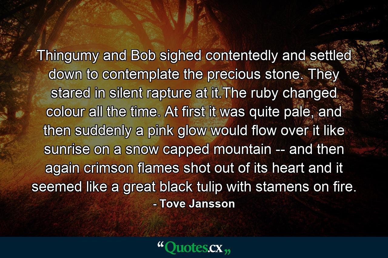 Thingumy and Bob sighed contentedly and settled down to contemplate the precious stone. They stared in silent rapture at it.The ruby changed colour all the time. At first it was quite pale, and then suddenly a pink glow would flow over it like sunrise on a snow capped mountain -- and then again crimson flames shot out of its heart and it seemed like a great black tulip with stamens on fire. - Quote by Tove Jansson