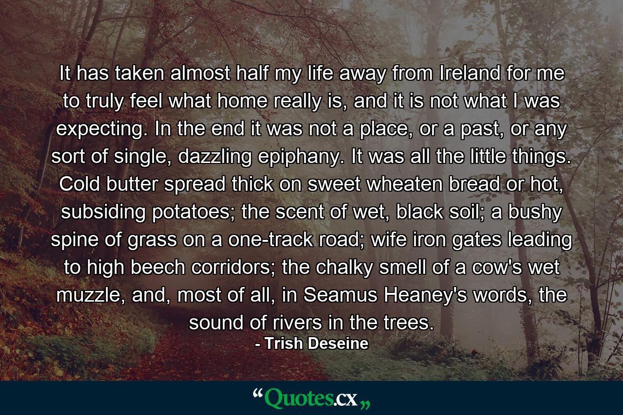 It has taken almost half my life away from Ireland for me to truly feel what home really is, and it is not what I was expecting. In the end it was not a place, or a past, or any sort of single, dazzling epiphany. It was all the little things. Cold butter spread thick on sweet wheaten bread or hot, subsiding potatoes; the scent of wet, black soil; a bushy spine of grass on a one-track road; wife iron gates leading to high beech corridors; the chalky smell of a cow's wet muzzle, and, most of all, in Seamus Heaney's words, the sound of rivers in the trees. - Quote by Trish Deseine