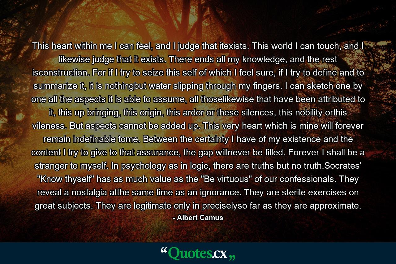 This heart within me I can feel, and I judge that itexists. This world I can touch, and I likewise judge that it exists. There ends all my knowledge, and the rest isconstruction. For if I try to seize this self of which I feel sure, if I try to define and to summarize it, it is nothingbut water slipping through my fingers. I can sketch one by one all the aspects it is able to assume, all thoselikewise that have been attributed to it, this up bringing, this origin, this ardor or these silences, this nobility orthis vileness. But aspects cannot be added up. This very heart which is mine will forever remain indefinable tome. Between the certainty I have of my existence and the content I try to give to that assurance, the gap willnever be filled. Forever I shall be a stranger to myself. In psychology as in logic, there are truths but no truth.Socrates' 