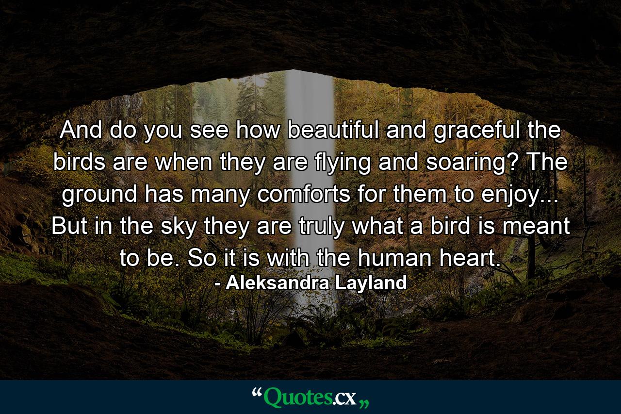 And do you see how beautiful and graceful the birds are when they are flying and soaring? The ground has many comforts for them to enjoy... But in the sky they are truly what a bird is meant to be. So it is with the human heart. - Quote by Aleksandra Layland