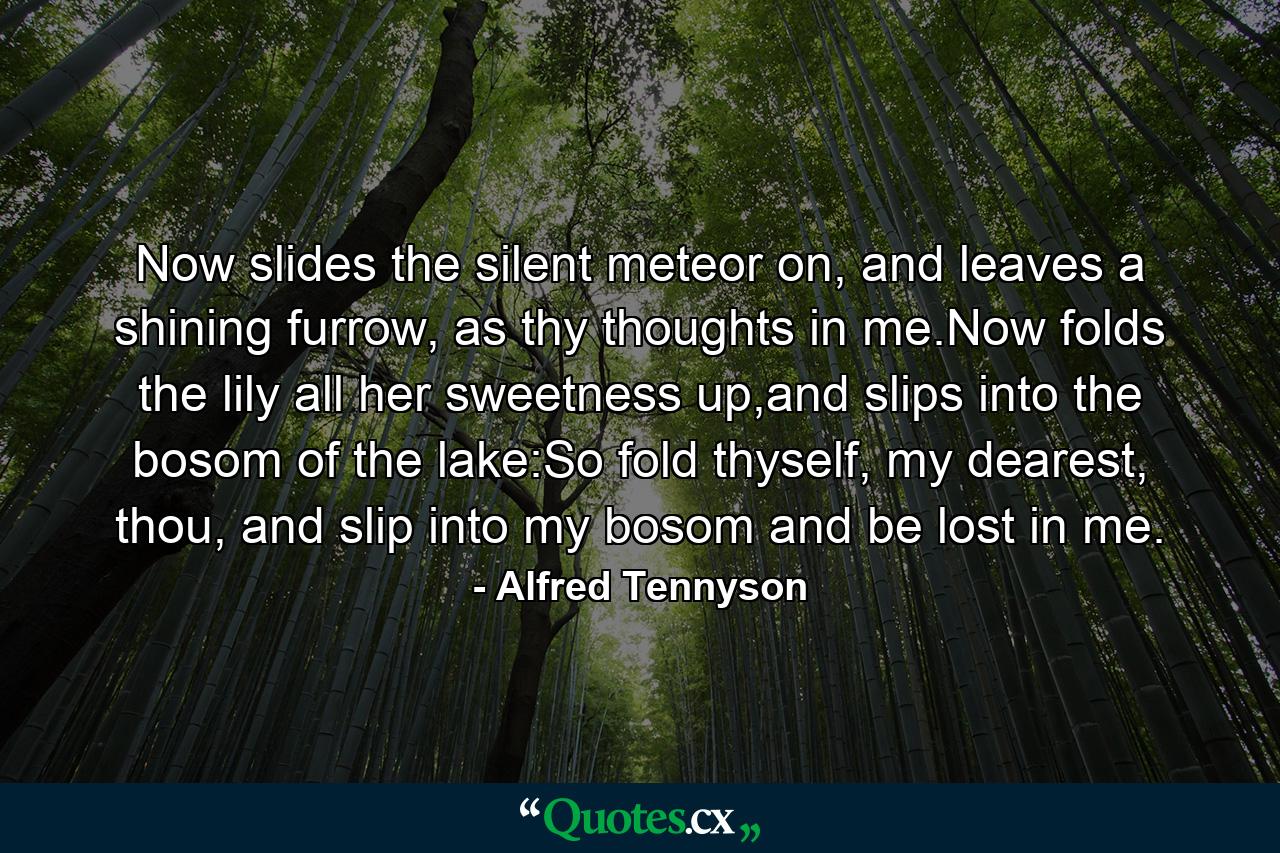 Now slides the silent meteor on, and leaves a shining furrow, as thy thoughts in me.Now folds the lily all her sweetness up,and slips into the bosom of the lake:So fold thyself, my dearest, thou, and slip into my bosom and be lost in me. - Quote by Alfred Tennyson