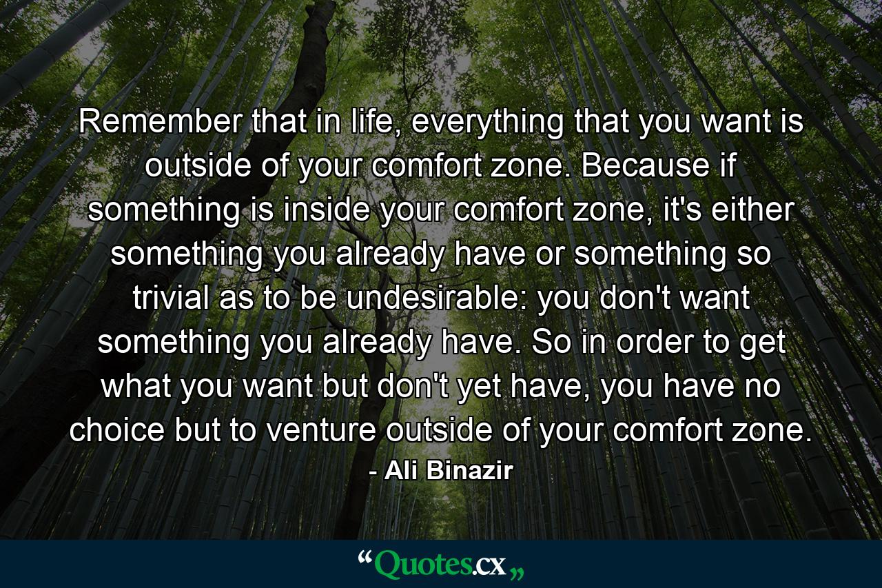 Remember that in life, everything that you want is outside of your comfort zone. Because if something is inside your comfort zone, it's either something you already have or something so trivial as to be undesirable: you don't want something you already have. So in order to get what you want but don't yet have, you have no choice but to venture outside of your comfort zone. - Quote by Ali Binazir