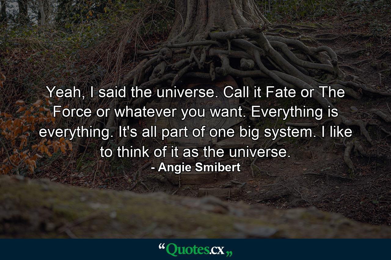 Yeah, I said the universe. Call it Fate or The Force or whatever you want. Everything is everything. It's all part of one big system. I like to think of it as the universe. - Quote by Angie Smibert