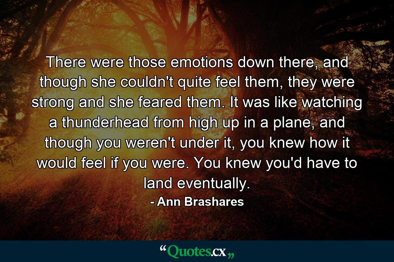 There were those emotions down there, and though she couldn't quite feel them, they were strong and she feared them. It was like watching a thunderhead from high up in a plane, and though you weren't under it, you knew how it would feel if you were. You knew you'd have to land eventually. - Quote by Ann Brashares