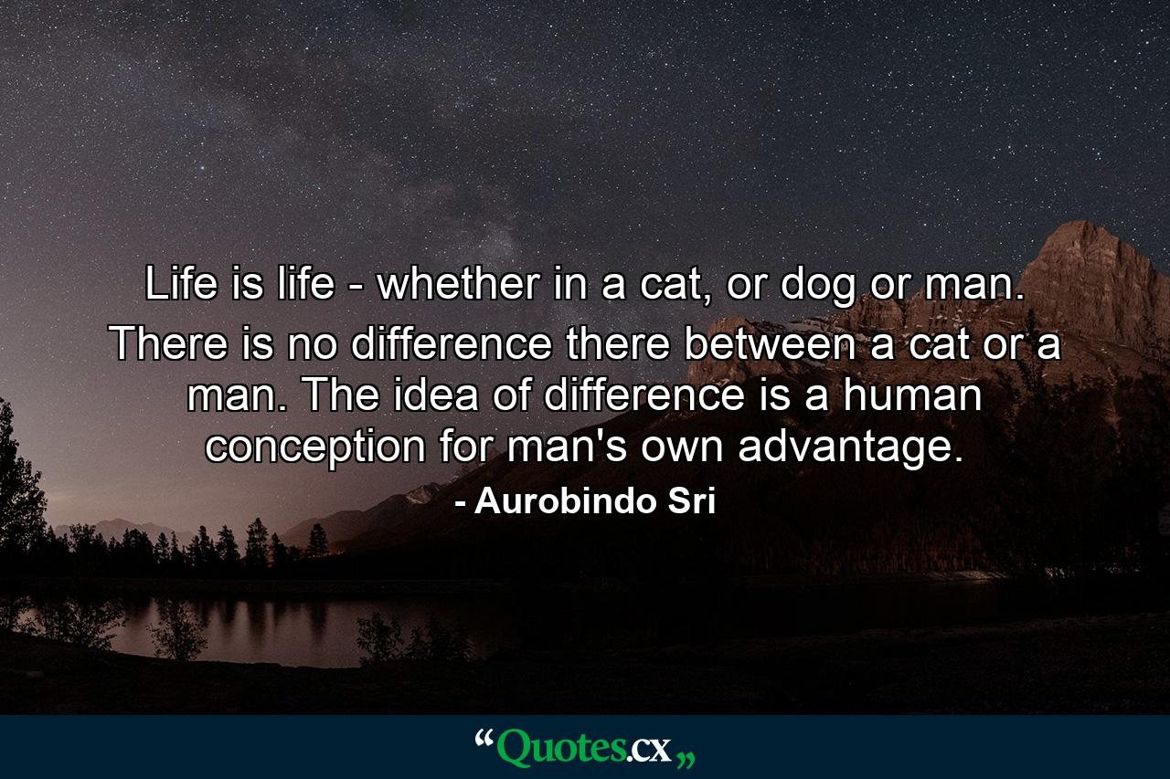 Life is life - whether in a cat, or dog or man. There is no difference there between a cat or a man. The idea of difference is a human conception for man's own advantage. - Quote by Aurobindo Sri