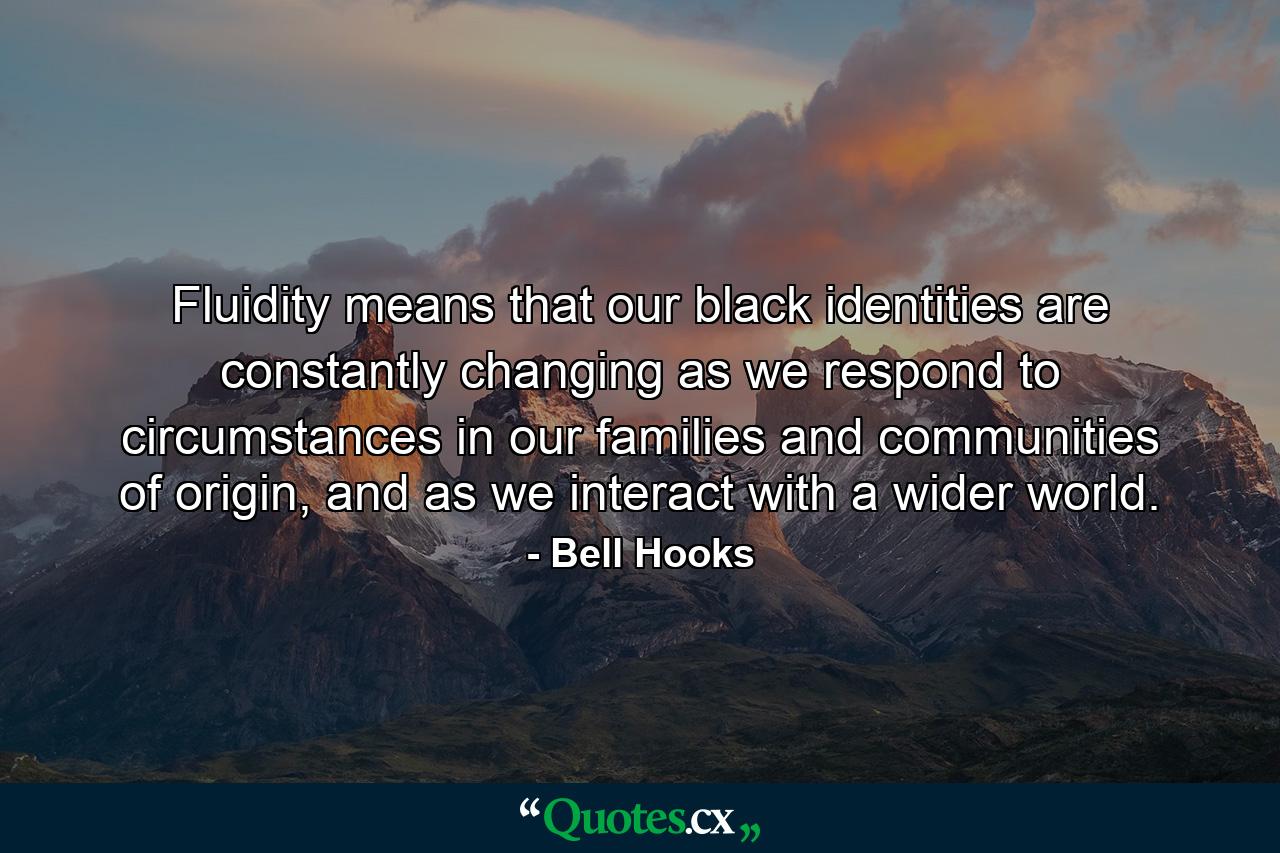 Fluidity means that our black identities are constantly changing as we respond to circumstances in our families and communities of origin, and as we interact with a wider world. - Quote by Bell Hooks