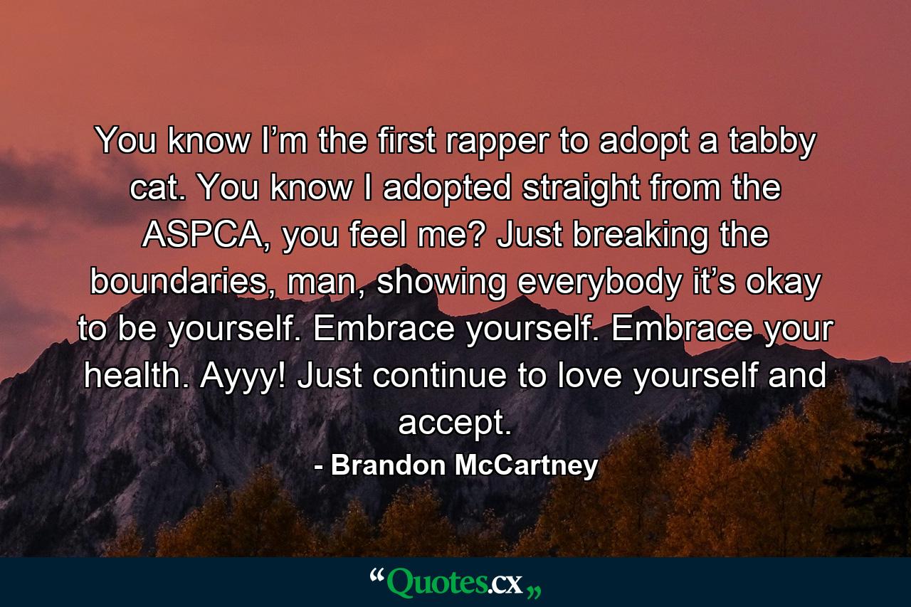 You know I’m the first rapper to adopt a tabby cat. You know I adopted straight from the ASPCA, you feel me? Just breaking the boundaries, man, showing everybody it’s okay to be yourself. Embrace yourself. Embrace your health. Ayyy! Just continue to love yourself and accept. - Quote by Brandon McCartney