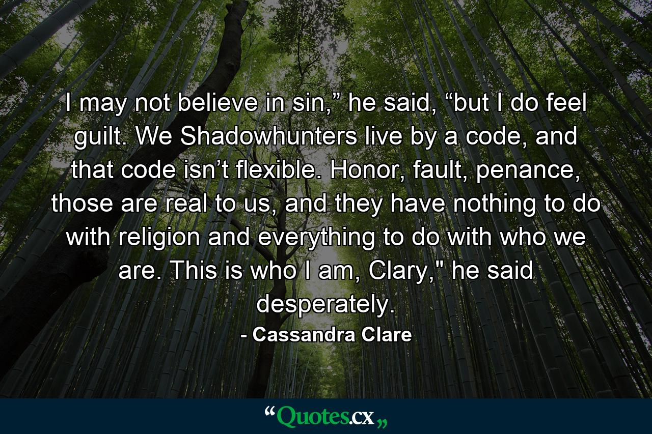 I may not believe in sin,” he said, “but I do feel guilt. We Shadowhunters live by a code, and that code isn’t flexible. Honor, fault, penance, those are real to us, and they have nothing to do with religion and everything to do with who we are. This is who I am, Clary,