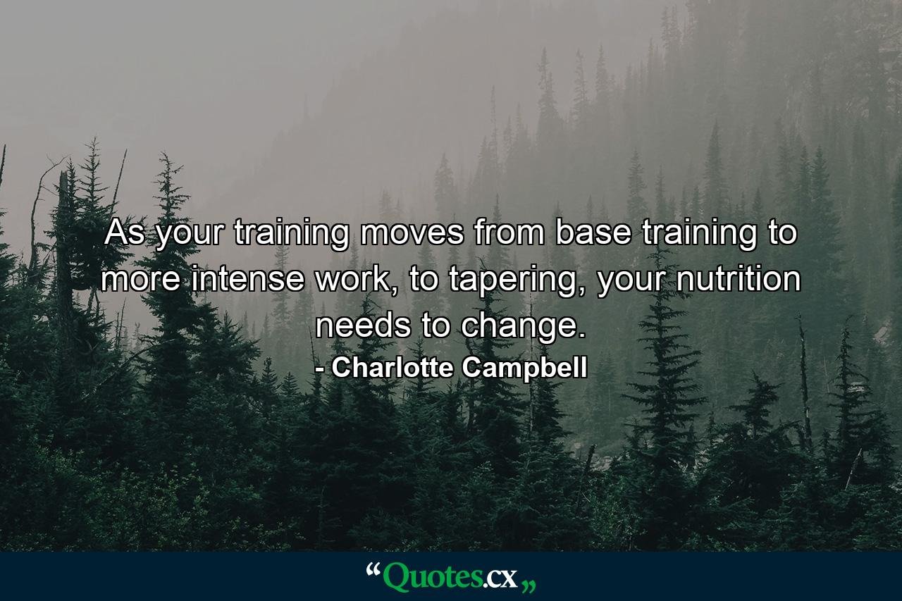 As your training moves from base training to more intense work, to tapering, your nutrition needs to change. - Quote by Charlotte Campbell