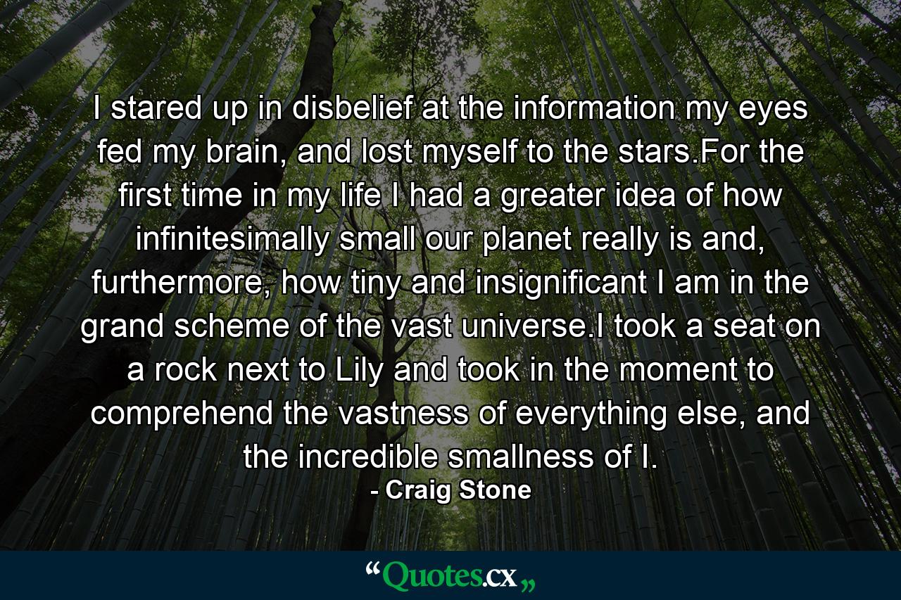 I stared up in disbelief at the information my eyes fed my brain, and lost myself to the stars.For the first time in my life I had a greater idea of how infinitesimally small our planet really is and, furthermore, how tiny and insignificant I am in the grand scheme of the vast universe.I took a seat on a rock next to Lily and took in the moment to comprehend the vastness of everything else, and the incredible smallness of I. - Quote by Craig Stone