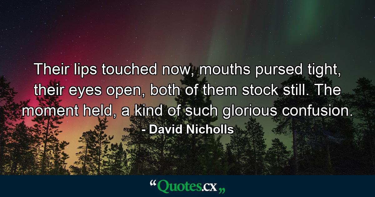 Their lips touched now, mouths pursed tight, their eyes open, both of them stock still. The moment held, a kind of such glorious confusion. - Quote by David Nicholls