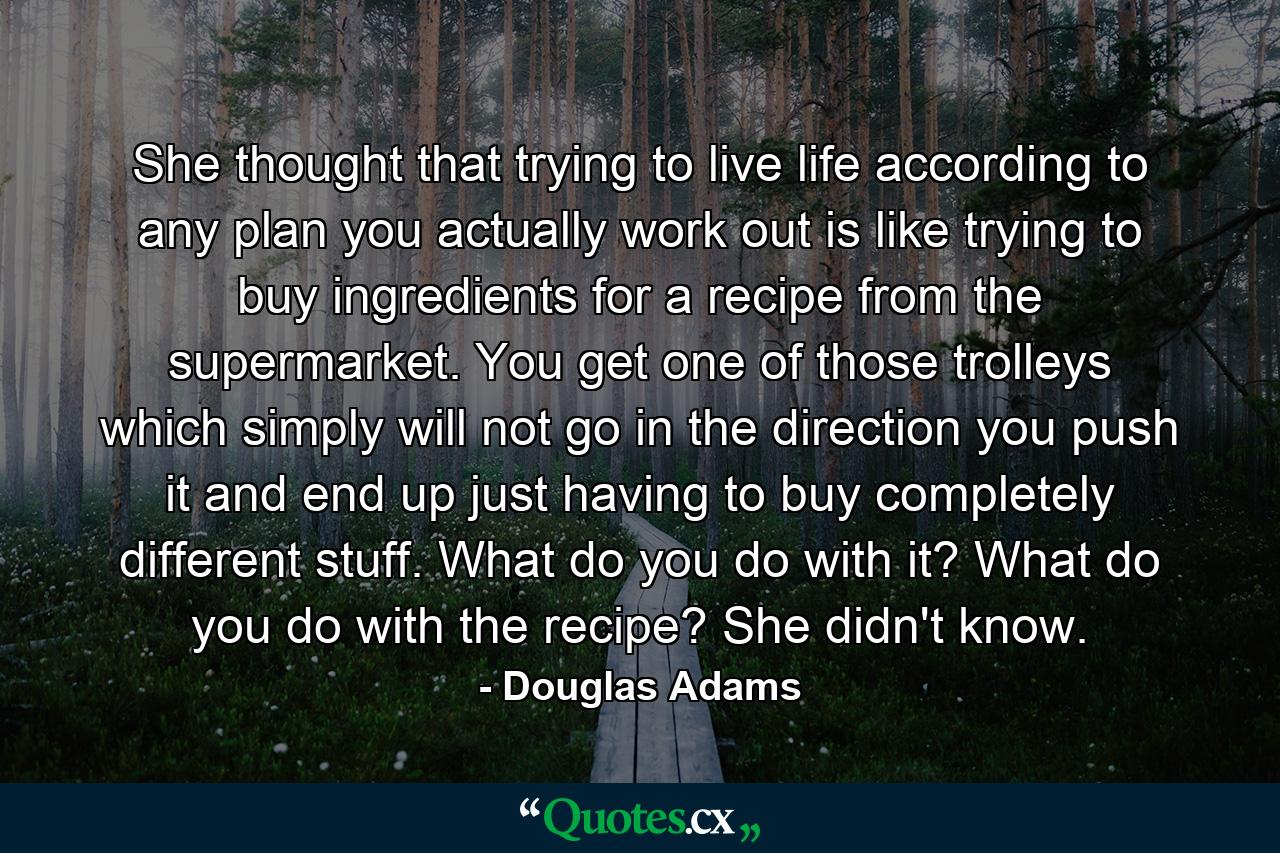 She thought that trying to live life according to any plan you actually work out is like trying to buy ingredients for a recipe from the supermarket. You get one of those trolleys which simply will not go in the direction you push it and end up just having to buy completely different stuff. What do you do with it? What do you do with the recipe? She didn't know. - Quote by Douglas Adams