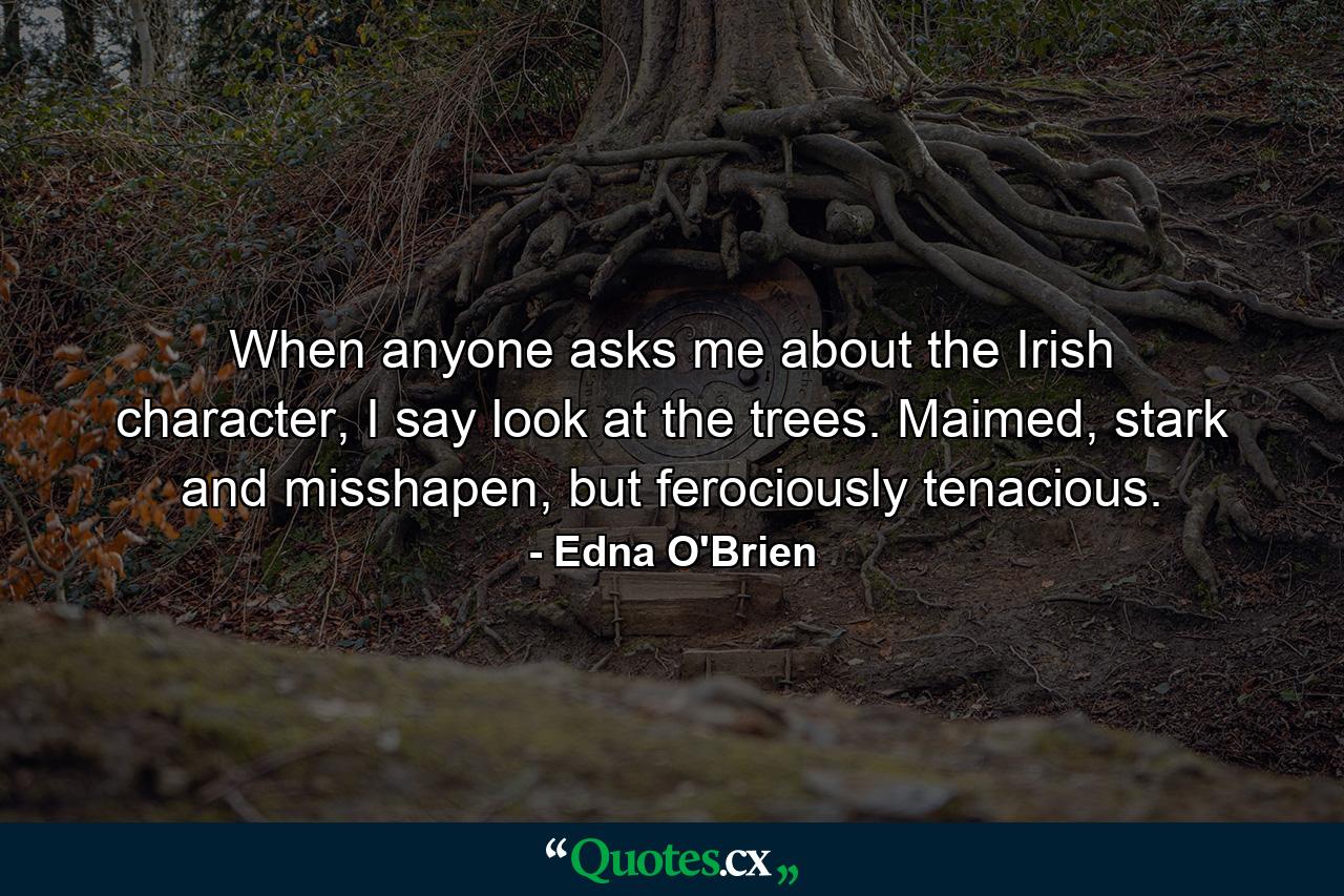 When anyone asks me about the Irish character, I say look at the trees. Maimed, stark and misshapen, but ferociously tenacious. - Quote by Edna O'Brien