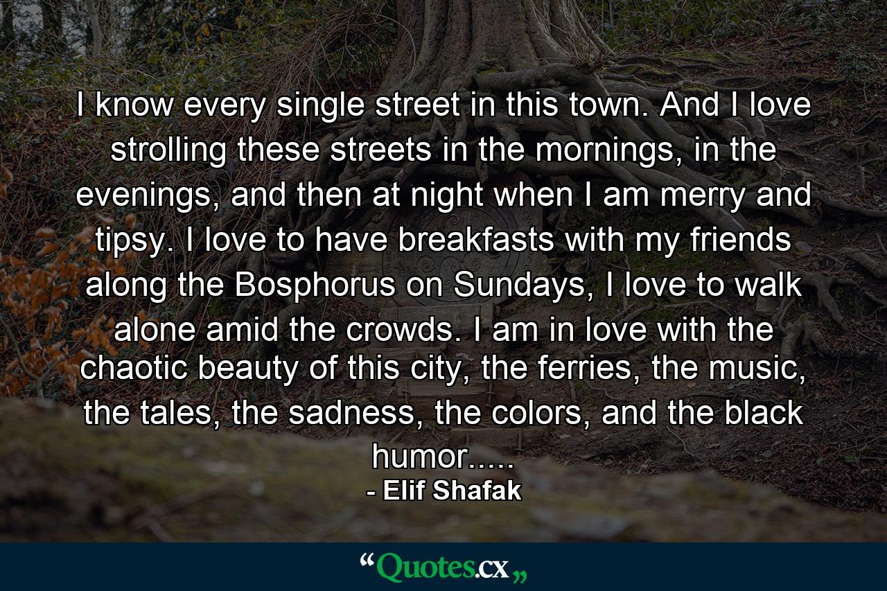 I know every single street in this town. And I love strolling these streets in the mornings, in the evenings, and then at night when I am merry and tipsy. I love to have breakfasts with my friends along the Bosphorus on Sundays, I love to walk alone amid the crowds. I am in love with the chaotic beauty of this city, the ferries, the music, the tales, the sadness, the colors, and the black humor..... - Quote by Elif Shafak