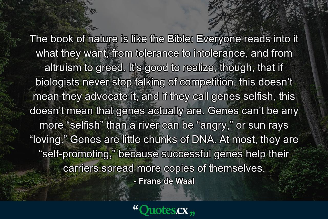 The book of nature is like the Bible: Everyone reads into it what they want, from tolerance to intolerance, and from altruism to greed. It’s good to realize, though, that if biologists never stop talking of competition, this doesn’t mean they advocate it, and if they call genes selfish, this doesn’t mean that genes actually are. Genes can’t be any more “selfish” than a river can be “angry,” or sun rays “loving.” Genes are little chunks of DNA. At most, they are “self-promoting,” because successful genes help their carriers spread more copies of themselves. - Quote by Frans de Waal