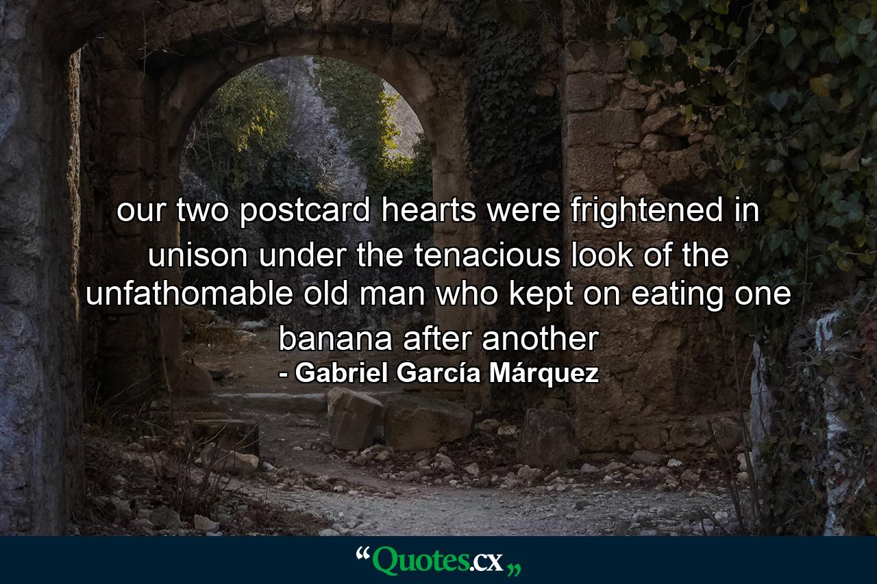 our two postcard hearts were frightened in unison under the tenacious look of the unfathomable old man who kept on eating one banana after another - Quote by Gabriel García Márquez