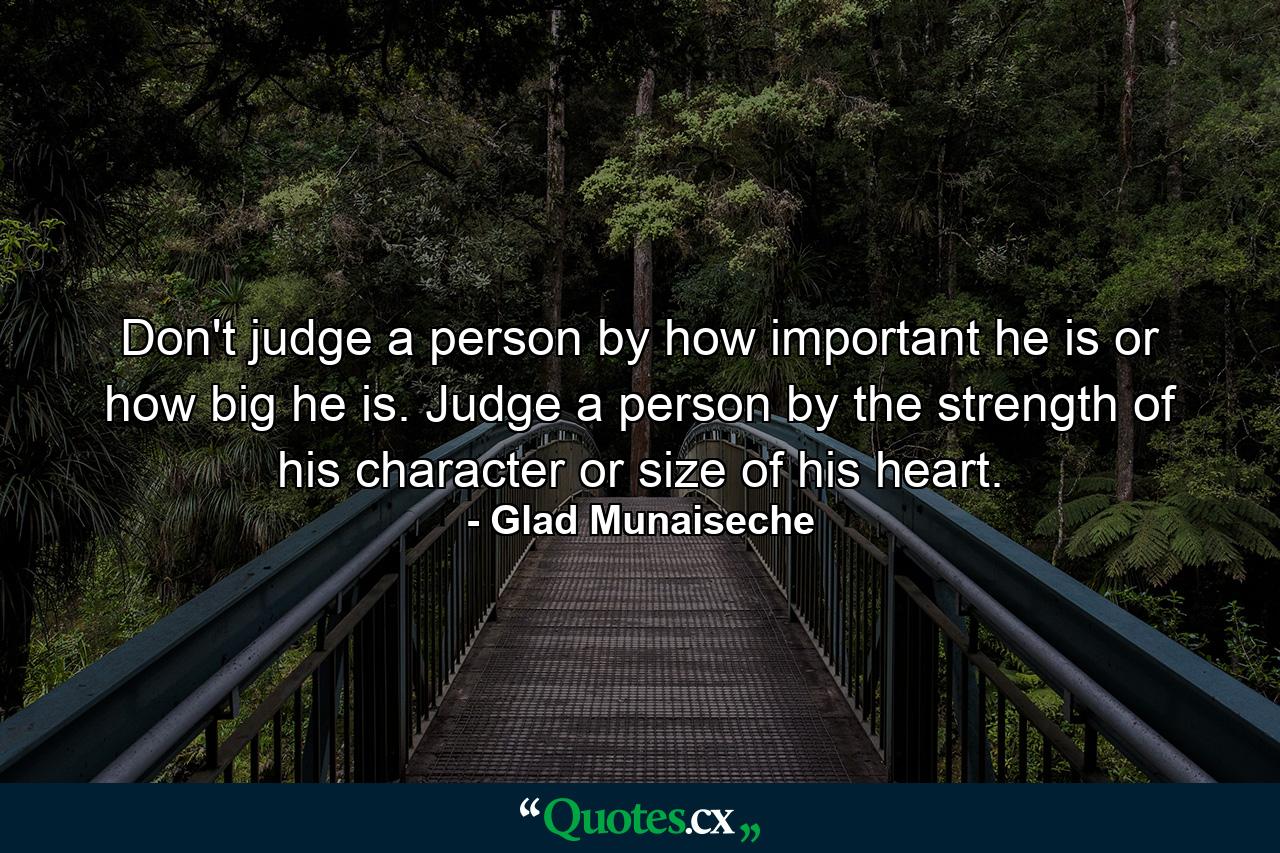 Don't judge a person by how important he is or how big he is. Judge a person by the strength of his character or size of his heart. - Quote by Glad Munaiseche