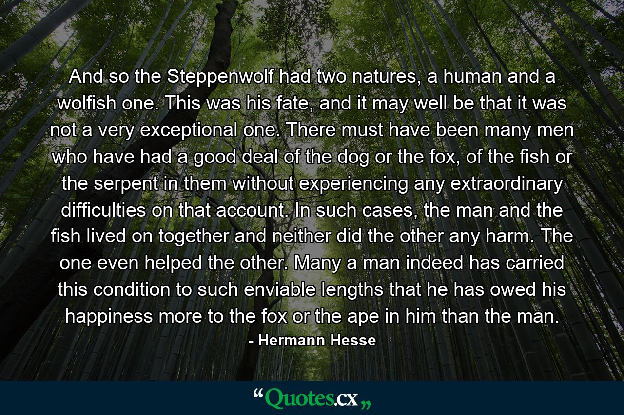 And so the Steppenwolf had two natures, a human and a wolfish one. This was his fate, and it may well be that it was not a very exceptional one. There must have been many men who have had a good deal of the dog or the fox, of the fish or the serpent in them without experiencing any extraordinary difficulties on that account. In such cases, the man and the fish lived on together and neither did the other any harm. The one even helped the other. Many a man indeed has carried this condition to such enviable lengths that he has owed his happiness more to the fox or the ape in him than the man. - Quote by Hermann Hesse