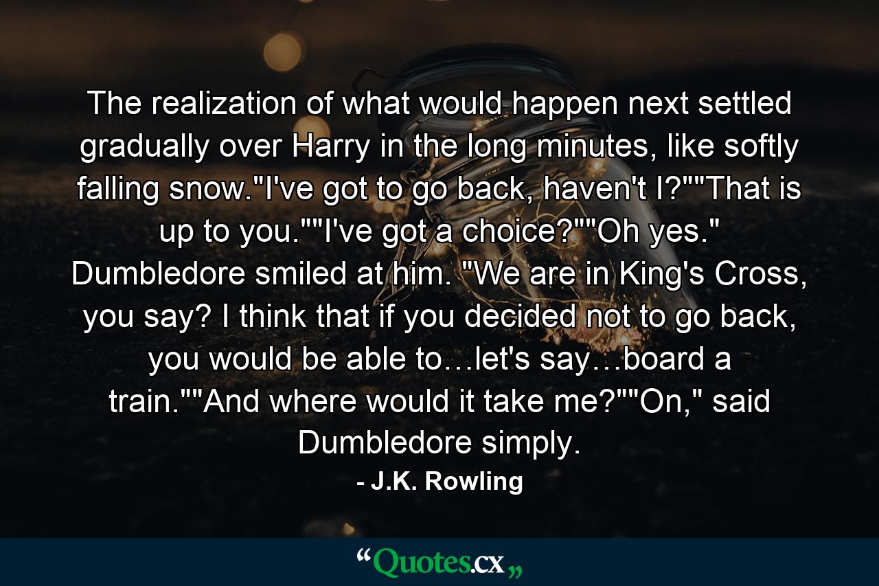 The realization of what would happen next settled gradually over Harry in the long minutes, like softly falling snow.