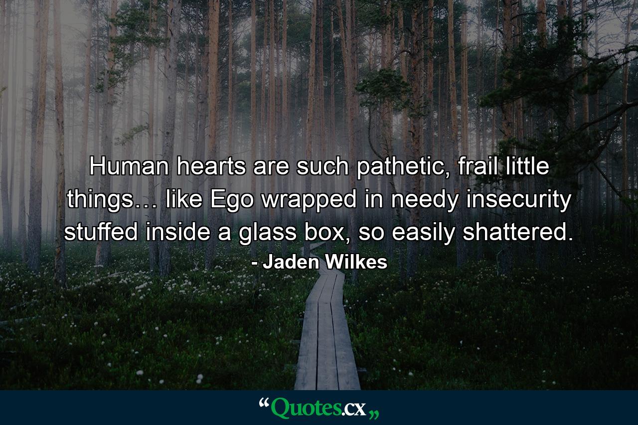 Human hearts are such pathetic, frail little things… like Ego wrapped in needy insecurity stuffed inside a glass box, so easily shattered. - Quote by Jaden Wilkes