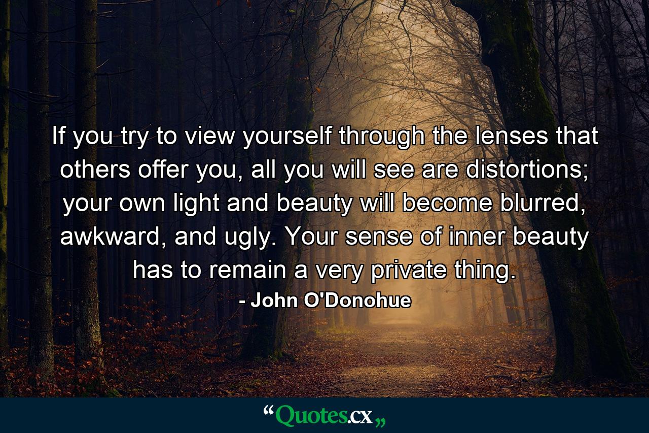 If you try to view yourself through the lenses that others offer you, all you will see are distortions; your own light and beauty will become blurred, awkward, and ugly. Your sense of inner beauty has to remain a very private thing. - Quote by John O'Donohue