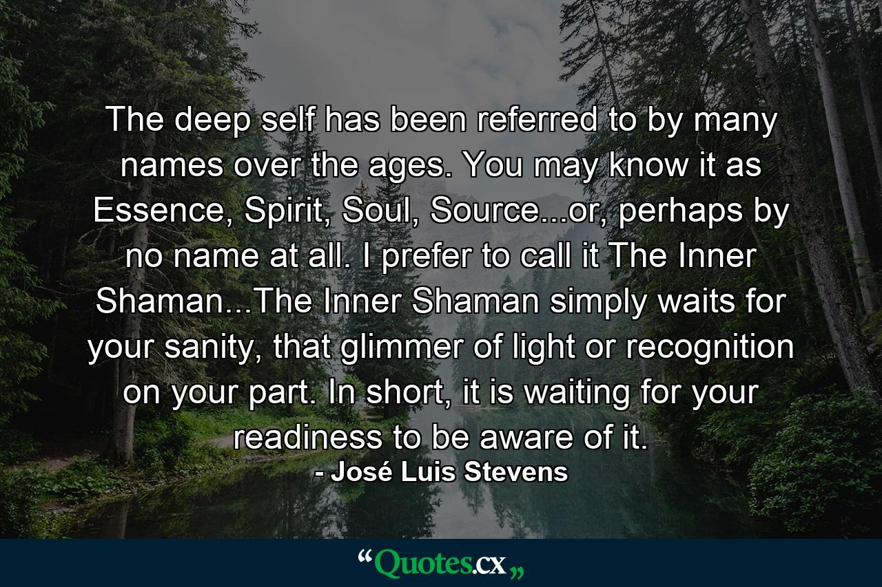 The deep self has been referred to by many names over the ages. You may know it as Essence, Spirit, Soul, Source...or, perhaps by no name at all. I prefer to call it The Inner Shaman...The Inner Shaman simply waits for your sanity, that glimmer of light or recognition on your part. In short, it is waiting for your readiness to be aware of it. - Quote by José Luis Stevens