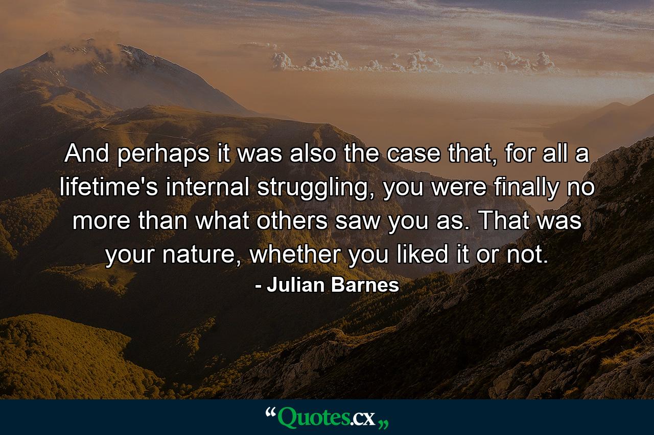 And perhaps it was also the case that, for all a lifetime's internal struggling, you were finally no more than what others saw you as. That was your nature, whether you liked it or not. - Quote by Julian Barnes