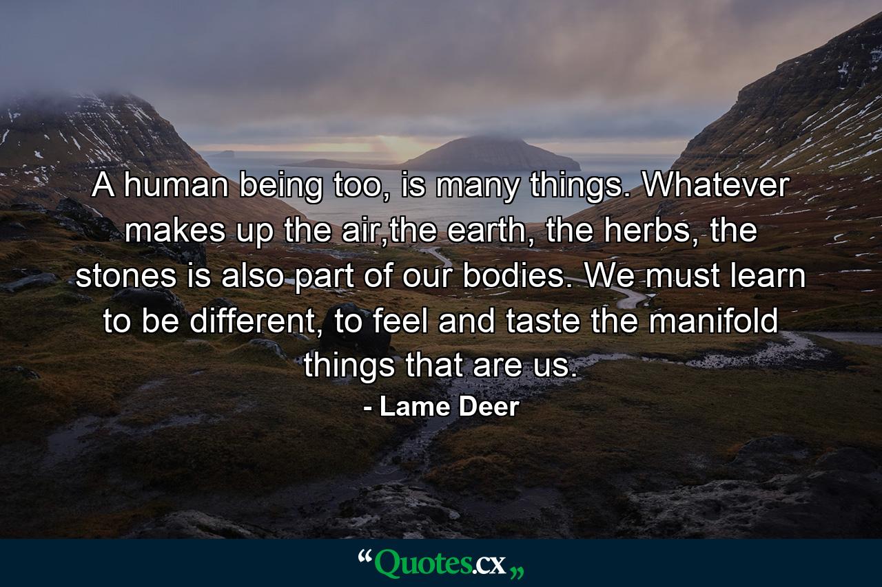 A human being too, is many things. Whatever makes up the air,the earth, the herbs, the stones is also part of our bodies. We must learn to be different, to feel and taste the manifold things that are us. - Quote by Lame Deer