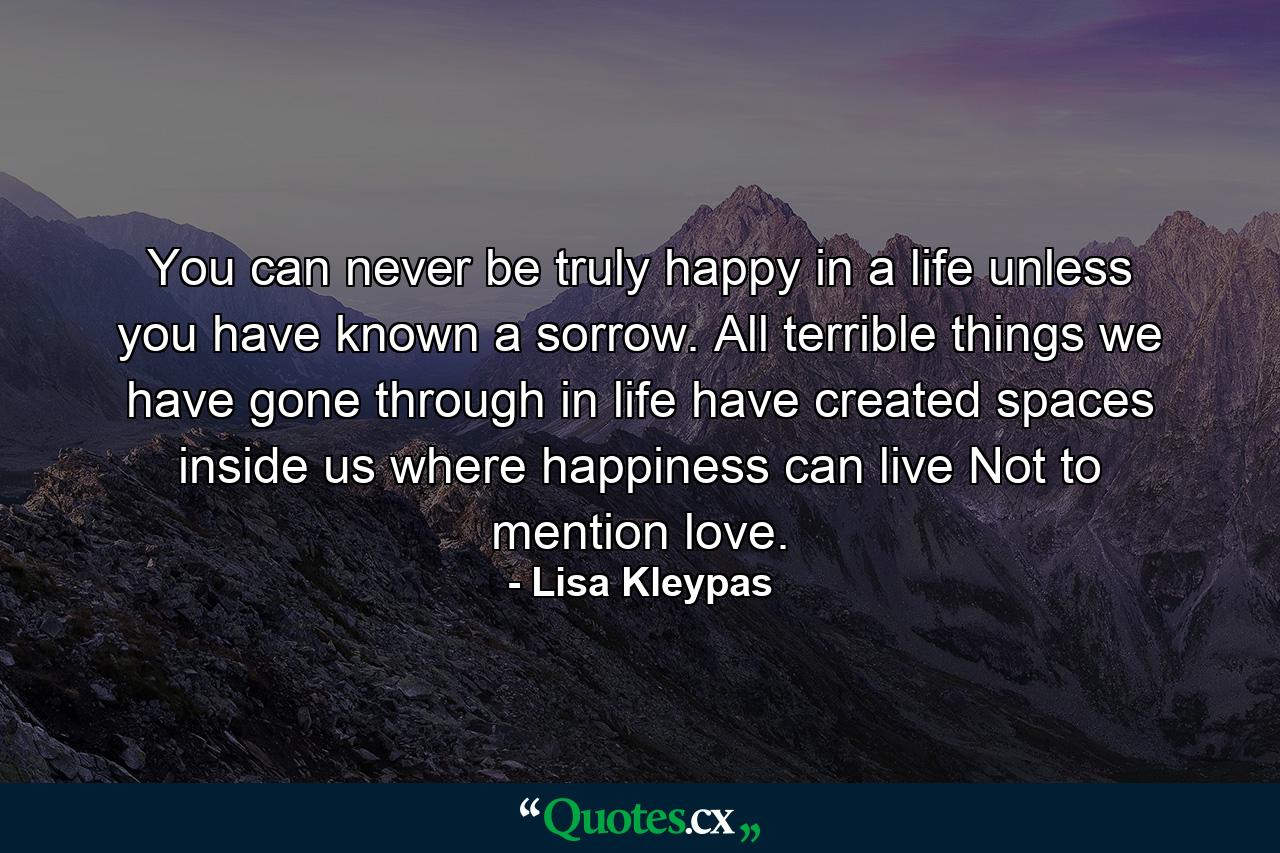 You can never be truly happy in a life unless you have known a sorrow. All terrible things we have gone through in life have created spaces inside us where happiness can live Not to mention love. - Quote by Lisa Kleypas