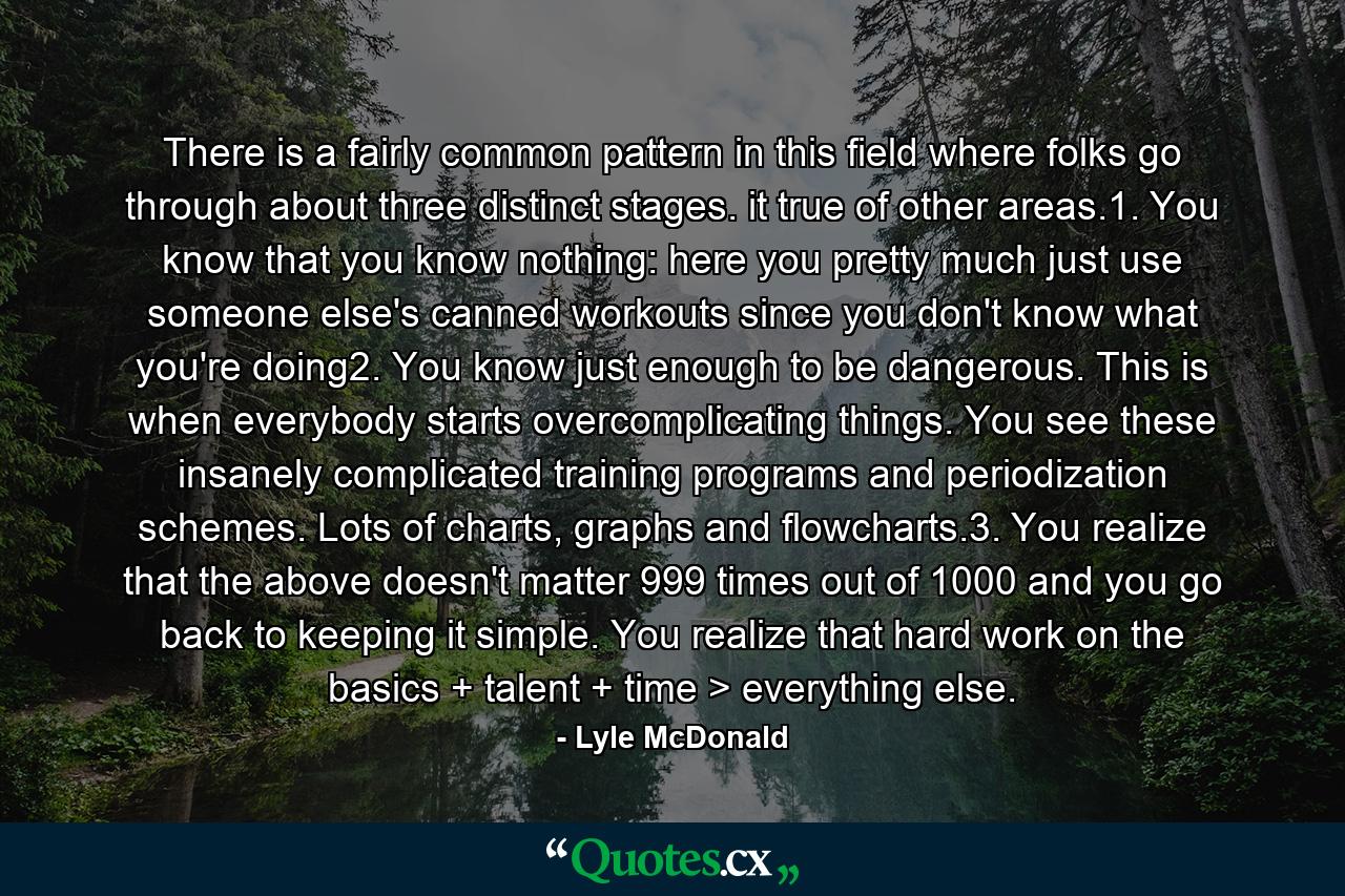 There is a fairly common pattern in this field where folks go through about three distinct stages. it true of other areas.1. You know that you know nothing: here you pretty much just use someone else's canned workouts since you don't know what you're doing2. You know just enough to be dangerous. This is when everybody starts overcomplicating things. You see these insanely complicated training programs and periodization schemes. Lots of charts, graphs and flowcharts.3. You realize that the above doesn't matter 999 times out of 1000 and you go back to keeping it simple. You realize that hard work on the basics + talent + time > everything else. - Quote by Lyle McDonald