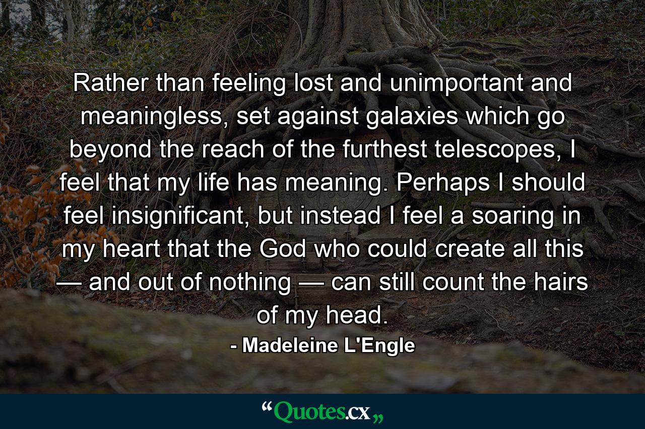 Rather than feeling lost and unimportant and meaningless, set against galaxies which go beyond the reach of the furthest telescopes, I feel that my life has meaning. Perhaps I should feel insignificant, but instead I feel a soaring in my heart that the God who could create all this — and out of nothing — can still count the hairs of my head. - Quote by Madeleine L'Engle