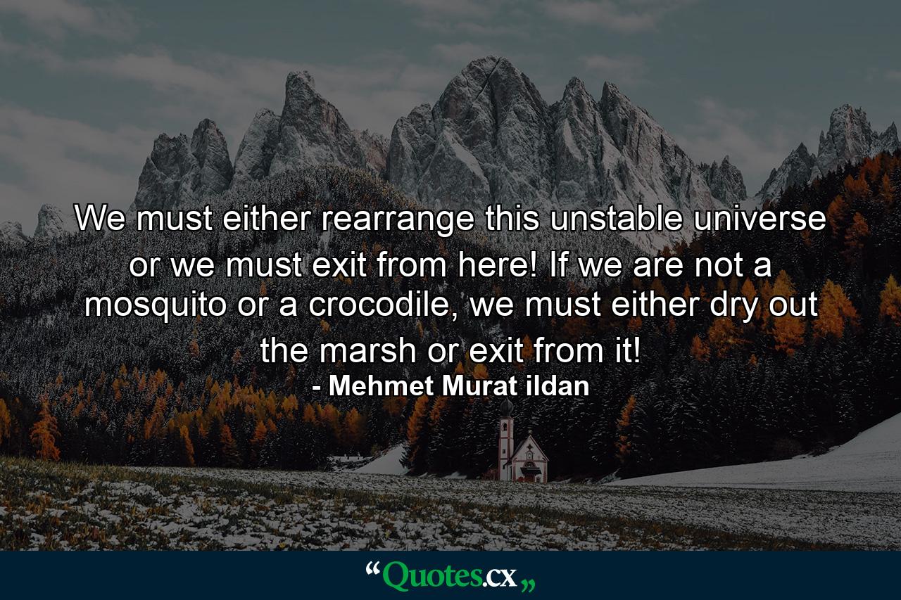 We must either rearrange this unstable universe or we must exit from here! If we are not a mosquito or a crocodile, we must either dry out the marsh or exit from it! - Quote by Mehmet Murat ildan