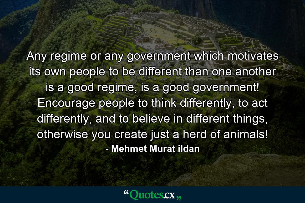 Any regime or any government which motivates its own people to be different than one another is a good regime, is a good government! Encourage people to think differently, to act differently, and to believe in different things, otherwise you create just a herd of animals! - Quote by Mehmet Murat ildan