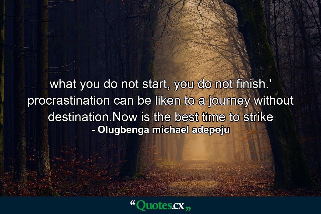 what you do not start, you do not finish.' procrastination can be liken to a journey without destination.Now is the best time to strike - Quote by Olugbenga michael adepoju