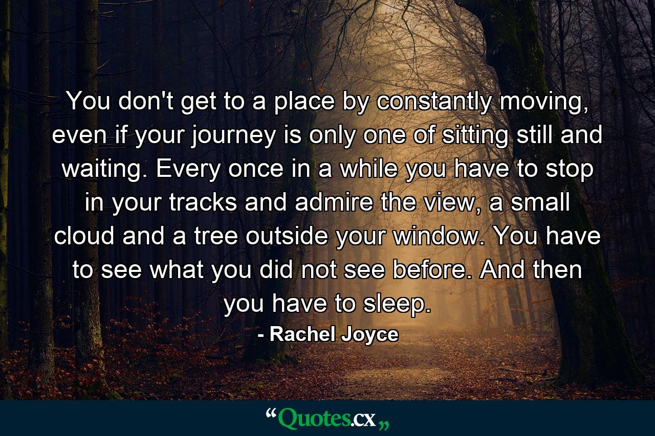 You don't get to a place by constantly moving, even if your journey is only one of sitting still and waiting. Every once in a while you have to stop in your tracks and admire the view, a small cloud and a tree outside your window. You have to see what you did not see before. And then you have to sleep. - Quote by Rachel Joyce