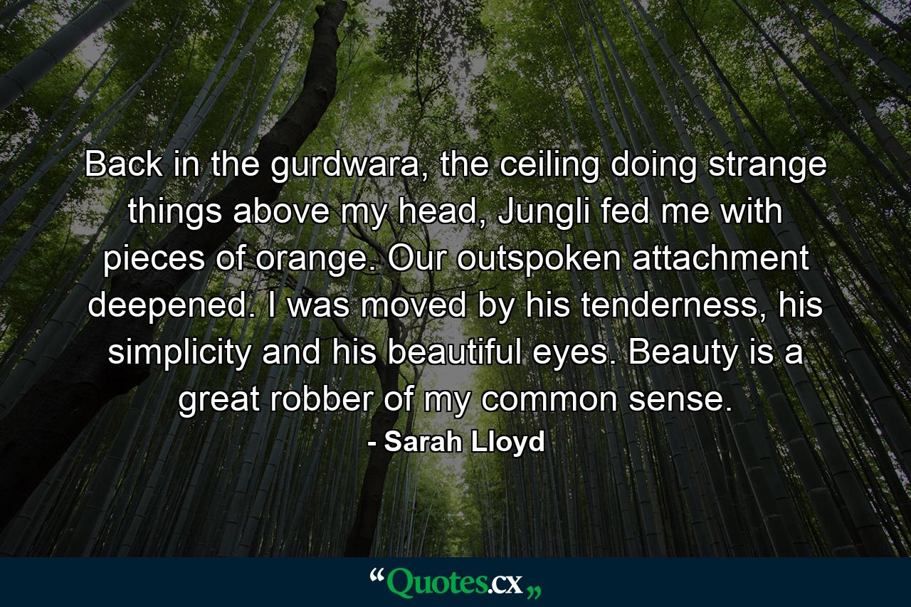 Back in the gurdwara, the ceiling doing strange things above my head, Jungli fed me with pieces of orange. Our outspoken attachment deepened. I was moved by his tenderness, his simplicity and his beautiful eyes. Beauty is a great robber of my common sense. - Quote by Sarah Lloyd