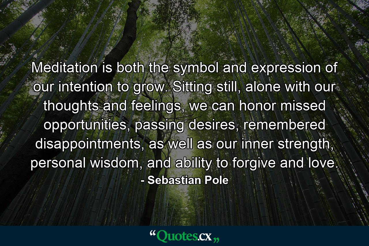 Meditation is both the symbol and expression of our intention to grow. Sitting still, alone with our thoughts and feelings, we can honor missed opportunities, passing desires, remembered disappointments, as well as our inner strength, personal wisdom, and ability to forgive and love. - Quote by Sebastian Pole