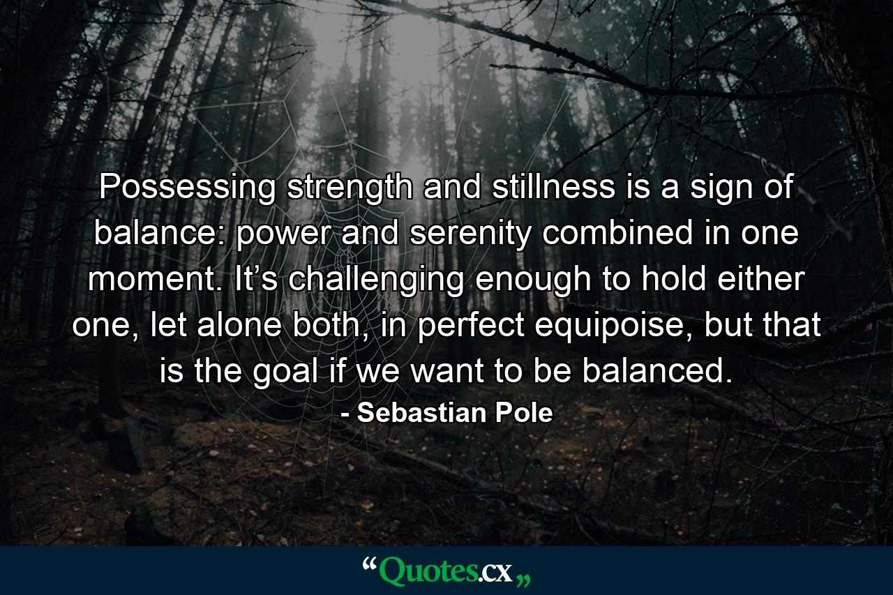 Possessing strength and stillness is a sign of balance: power and serenity combined in one moment. It’s challenging enough to hold either one, let alone both, in perfect equipoise, but that is the goal if we want to be balanced. - Quote by Sebastian Pole