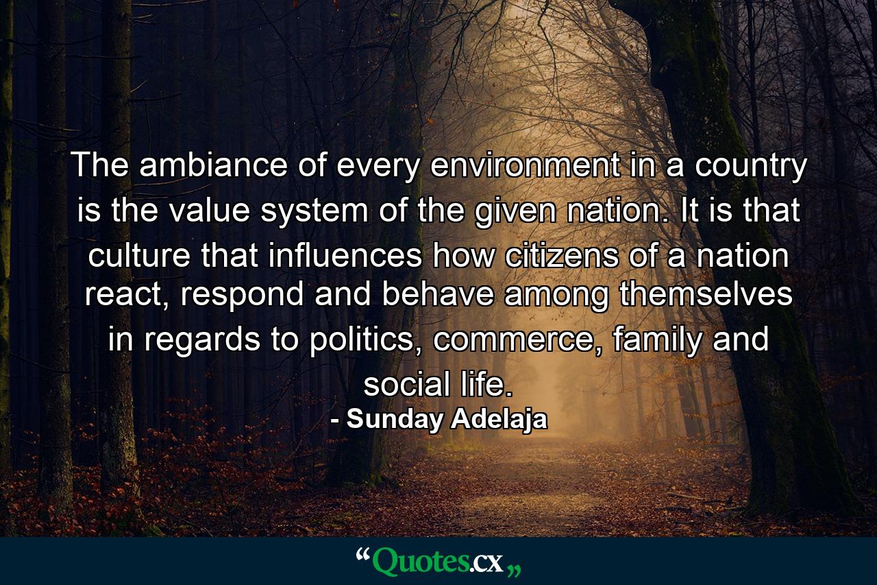 The ambiance of every environment in a country is the value system of the given nation. It is that culture that influences how citizens of a nation react, respond and behave among themselves in regards to politics, commerce, family and social life. - Quote by Sunday Adelaja